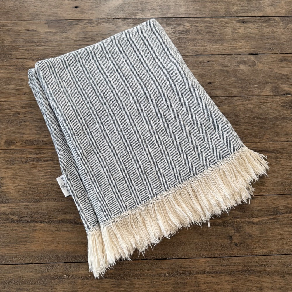 Sferra Celine Navy Blue Herringbone 100%‎ Cotton Fringed Throw Blanket 51x70